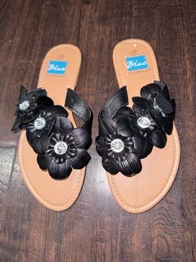 Blue Suede Black Floral Slide Sandals for Women